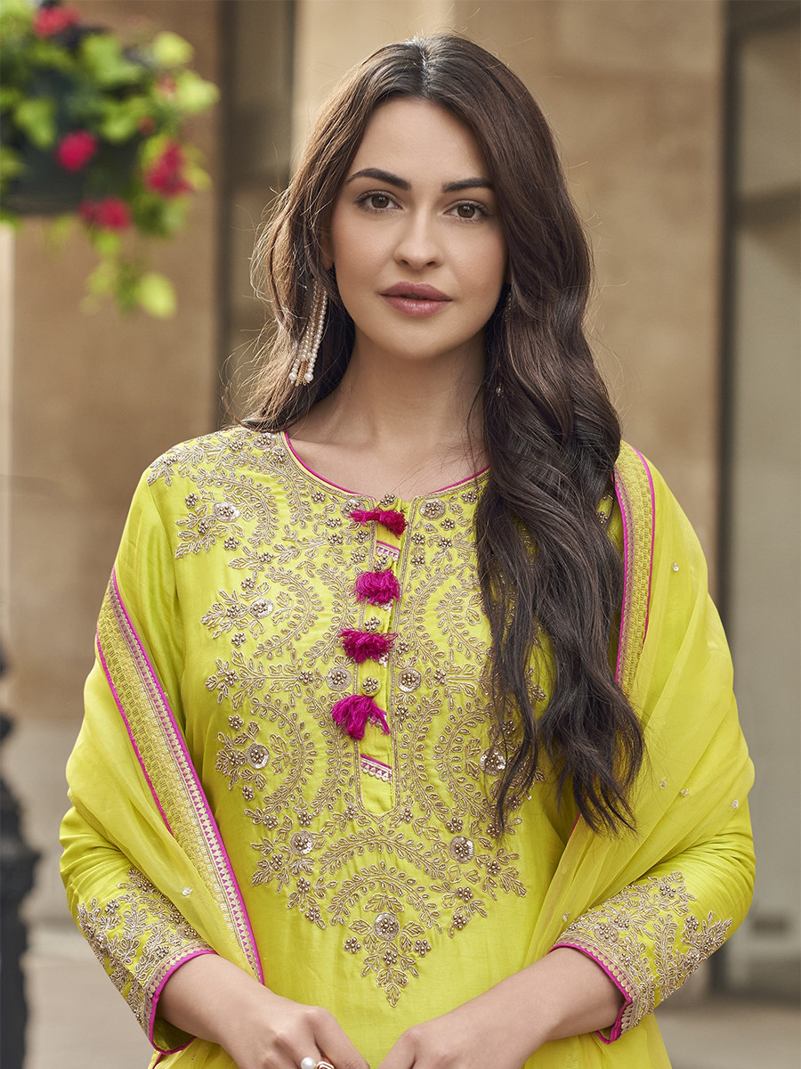 Olive Yellow Vichitra Silk Embroidery Sequins Wedding Party Festival Casual Ready Sharara Pant Salwar Kameez