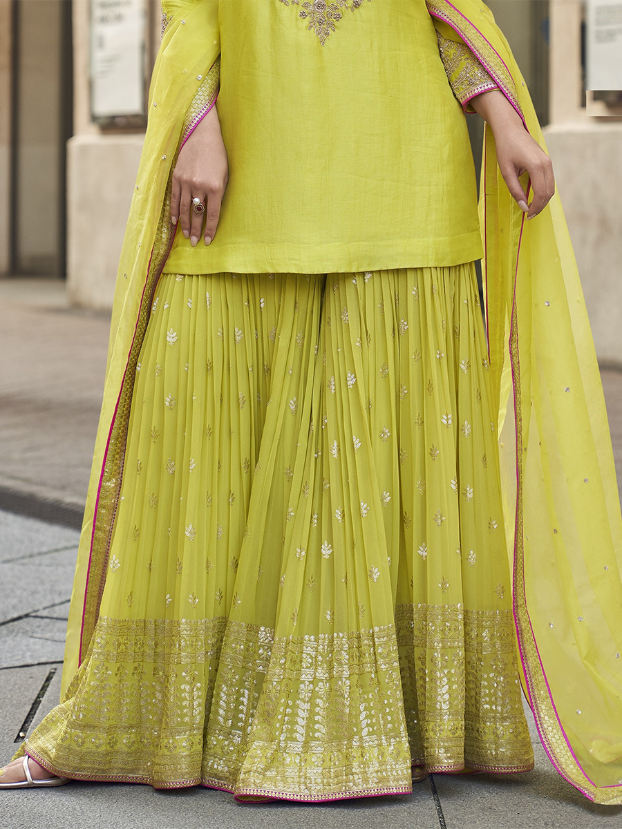 Olive Yellow Vichitra Silk Embroidery Sequins Wedding Party Festival Casual Ready Sharara Pant Salwar Kameez