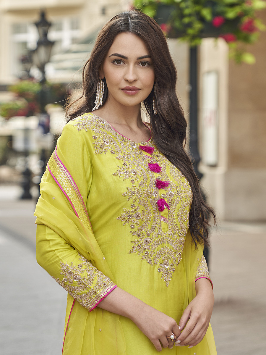 Olive Yellow Vichitra Silk Embroidery Sequins Wedding Party Festival Casual Ready Sharara Pant Salwar Kameez