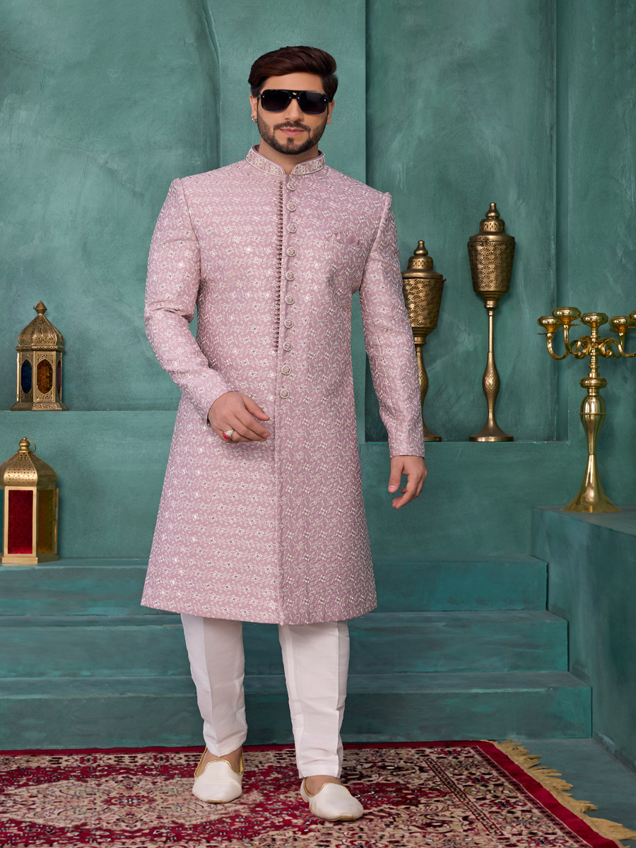 Onion Art silk Embroidered Computer Thread work Wedding Party Festival Groom Sherwani