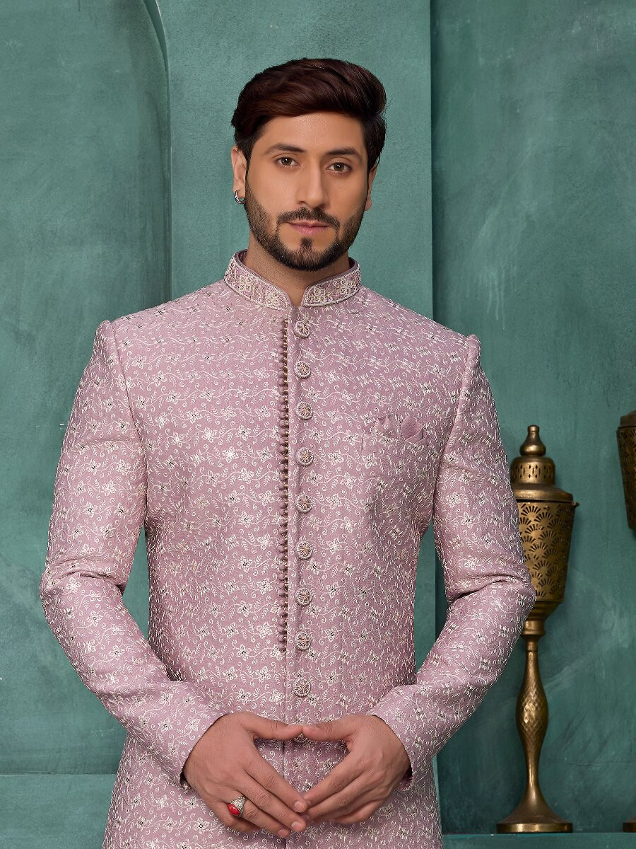 Onion Art silk Embroidered Computer Thread work Wedding Party Festival Groom Sherwani