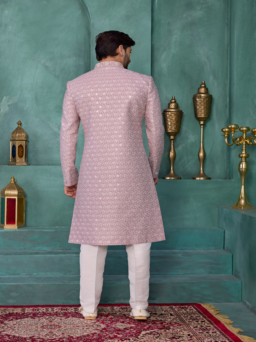 Onion Art silk Embroidered Computer Thread work Wedding Party Festival Groom Sherwani