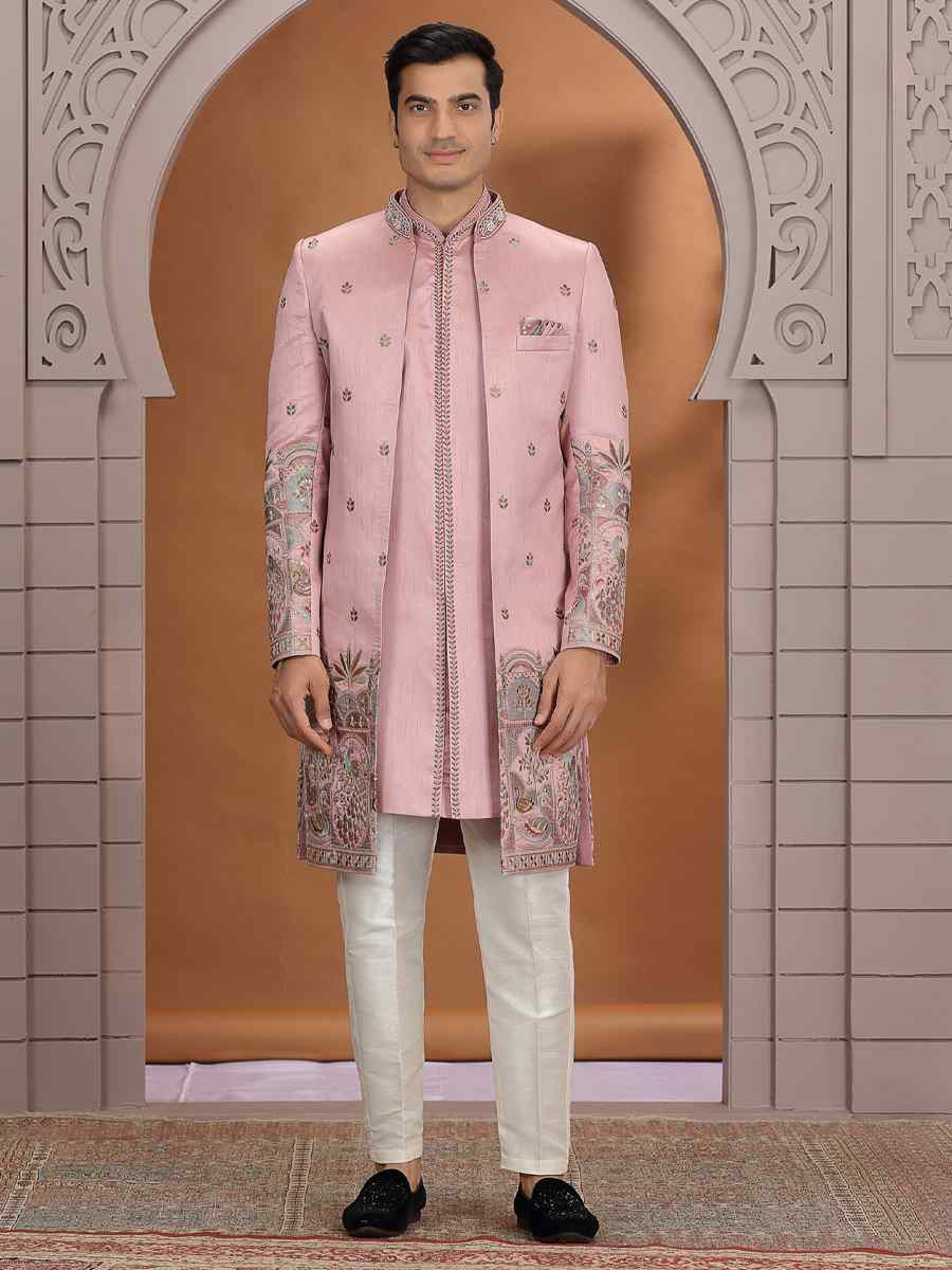 Onion Art Silk Embroidered Festival Wedding Mens 3 PCS Indo Western Set