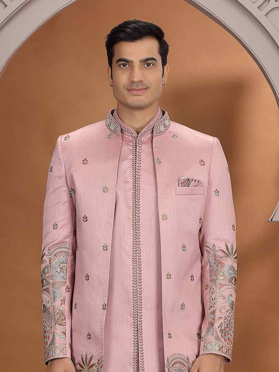 Onion Art Silk Embroidered Festival Wedding Mens 3 PCS Indo Western Set