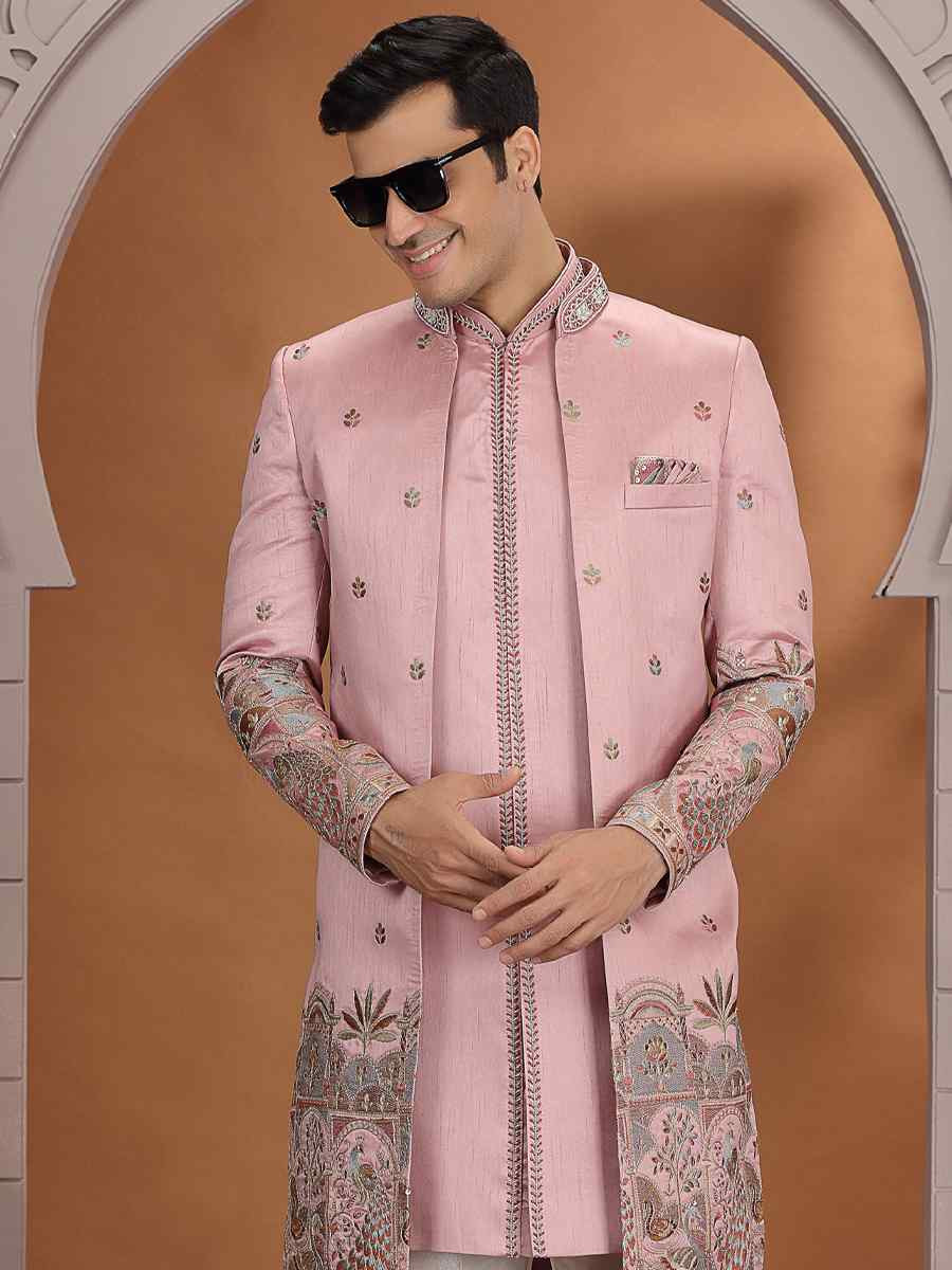 Onion Art Silk Embroidered Festival Wedding Mens 3 PCS Indo Western Set