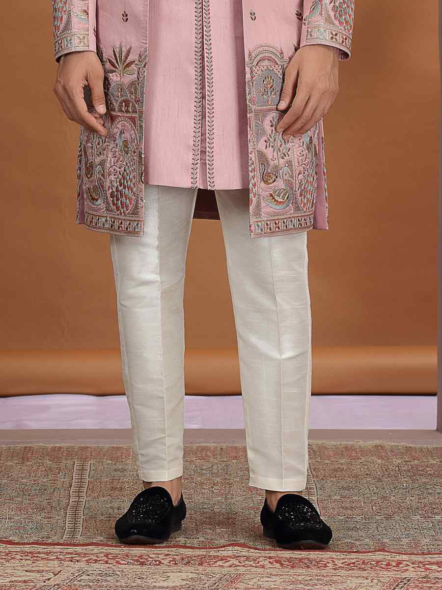 Onion Art Silk Embroidered Festival Wedding Mens 3 PCS Indo Western Set