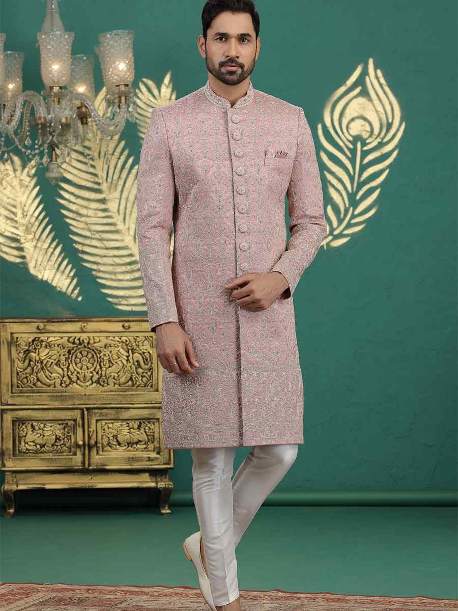 Onion Art Silk Embroidered Festival Wedding Mens Sherwani