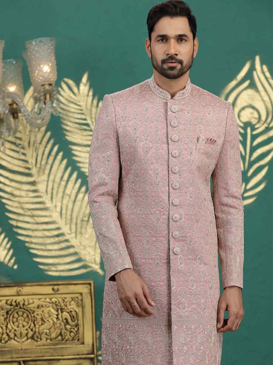 Onion Art Silk Embroidered Festival Wedding Mens Sherwani
