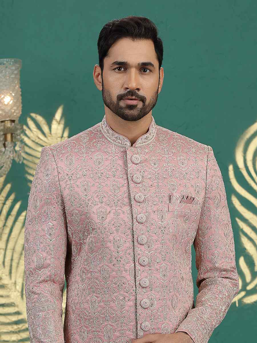 Onion Art Silk Embroidered Festival Wedding Mens Sherwani