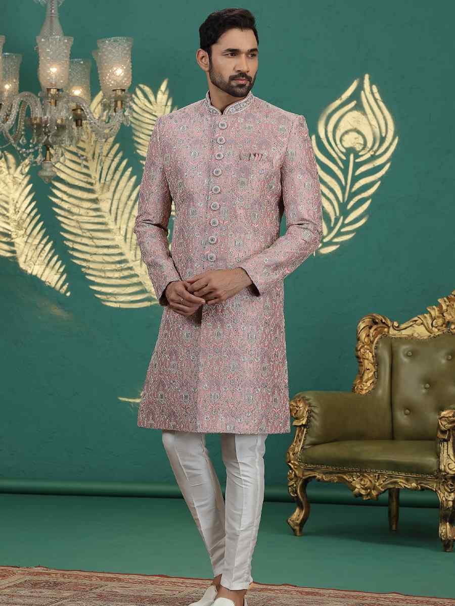 Onion Art Silk Embroidered Festival Wedding Mens Sherwani