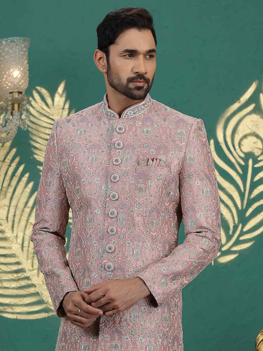 Onion Art Silk Embroidered Festival Wedding Mens Sherwani