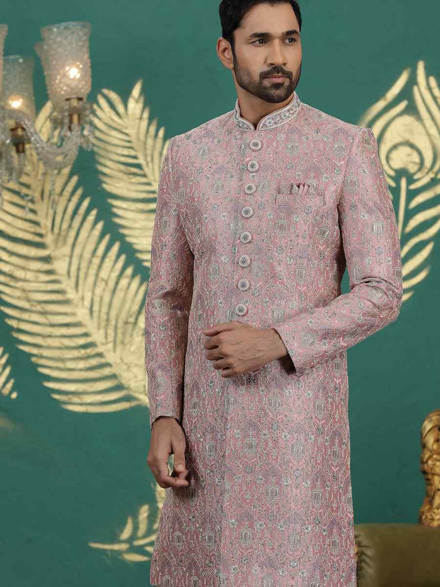 Onion Art Silk Embroidered Festival Wedding Mens Sherwani