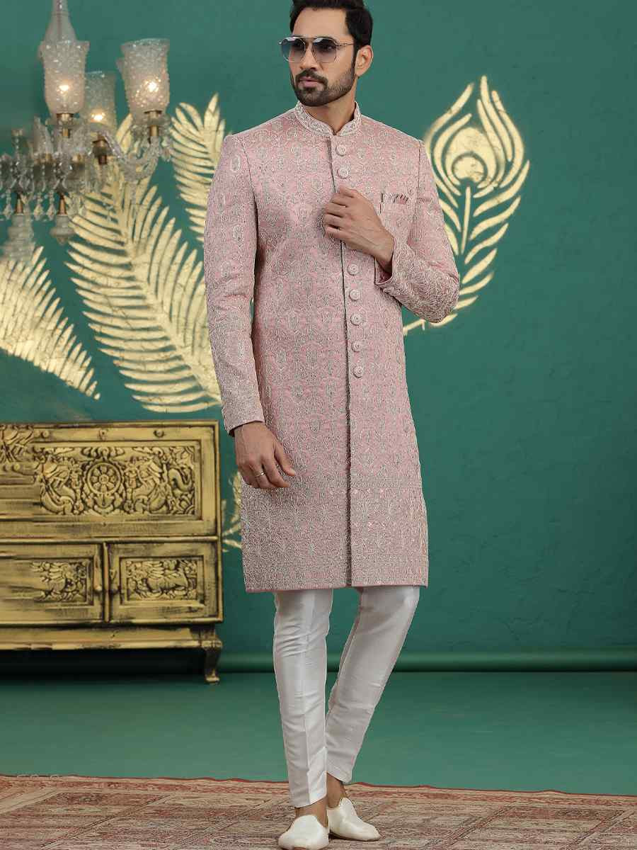 Onion Art Silk Embroidered Festival Wedding Mens Sherwani