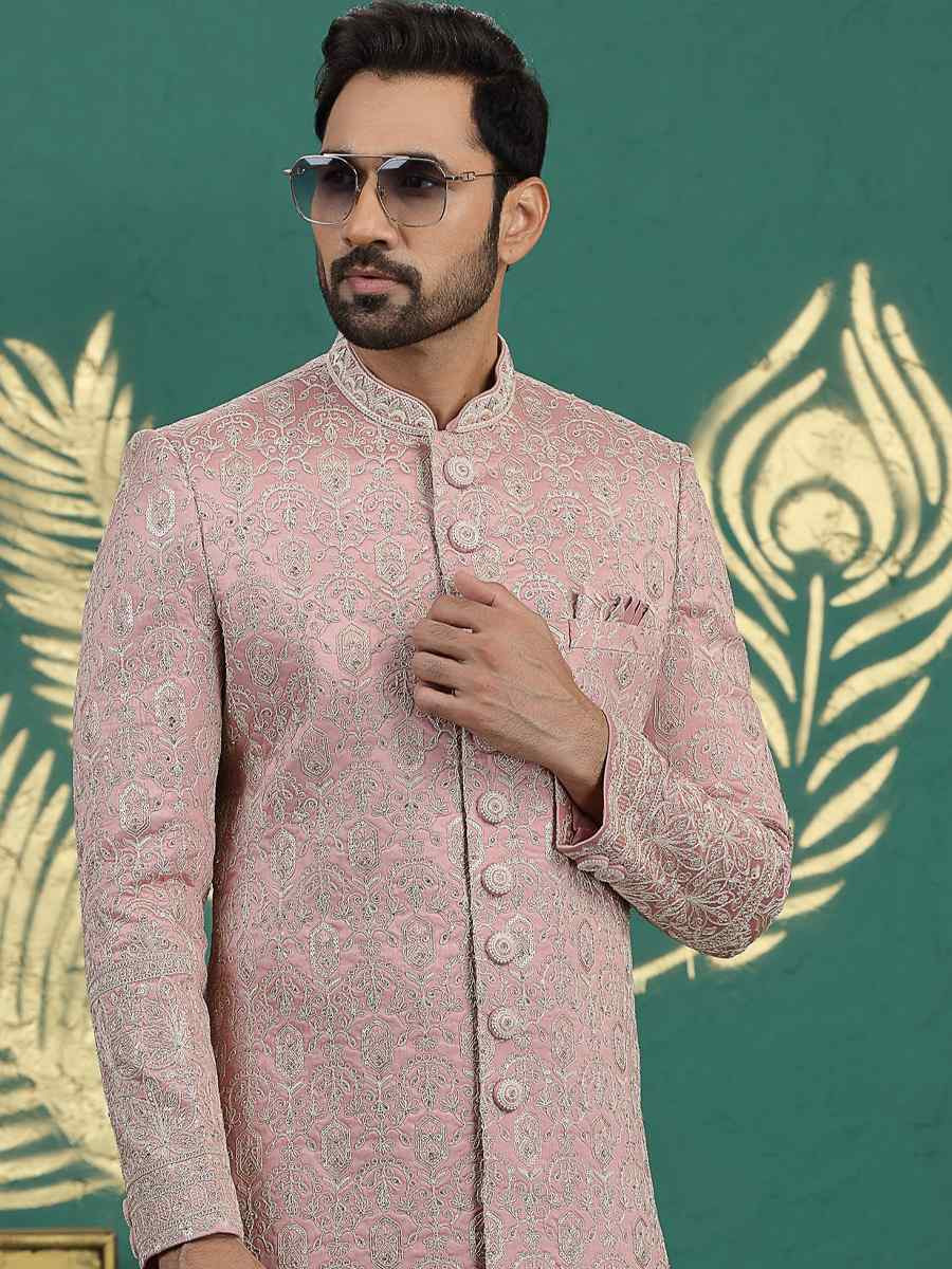 Onion Art Silk Embroidered Festival Wedding Mens Sherwani