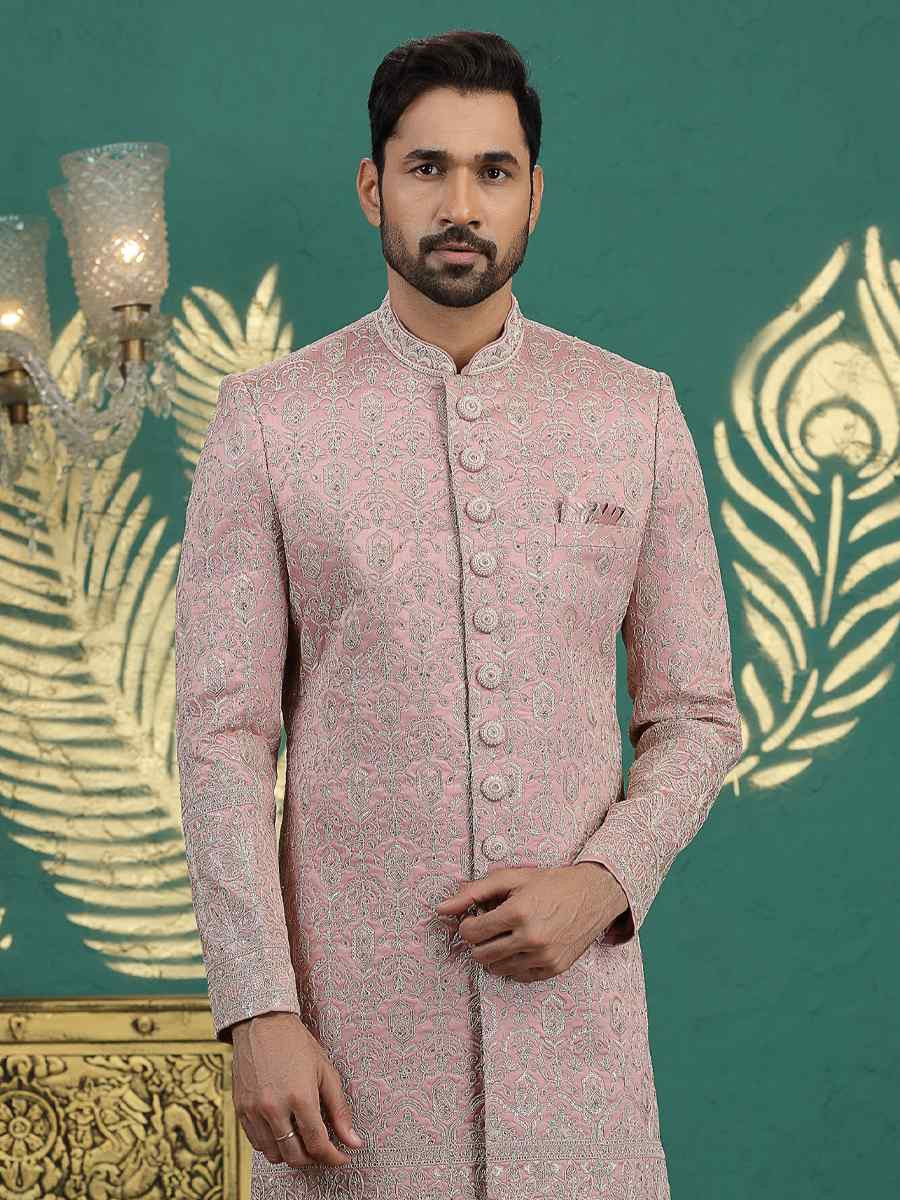 Onion Art Silk Embroidered Festival Wedding Mens Sherwani