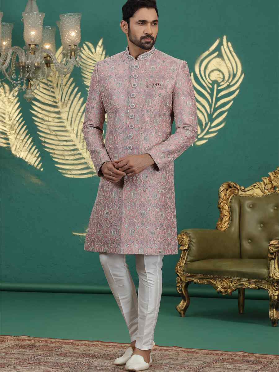 Onion Art Silk Embroidered Festival Wedding Mens Sherwani