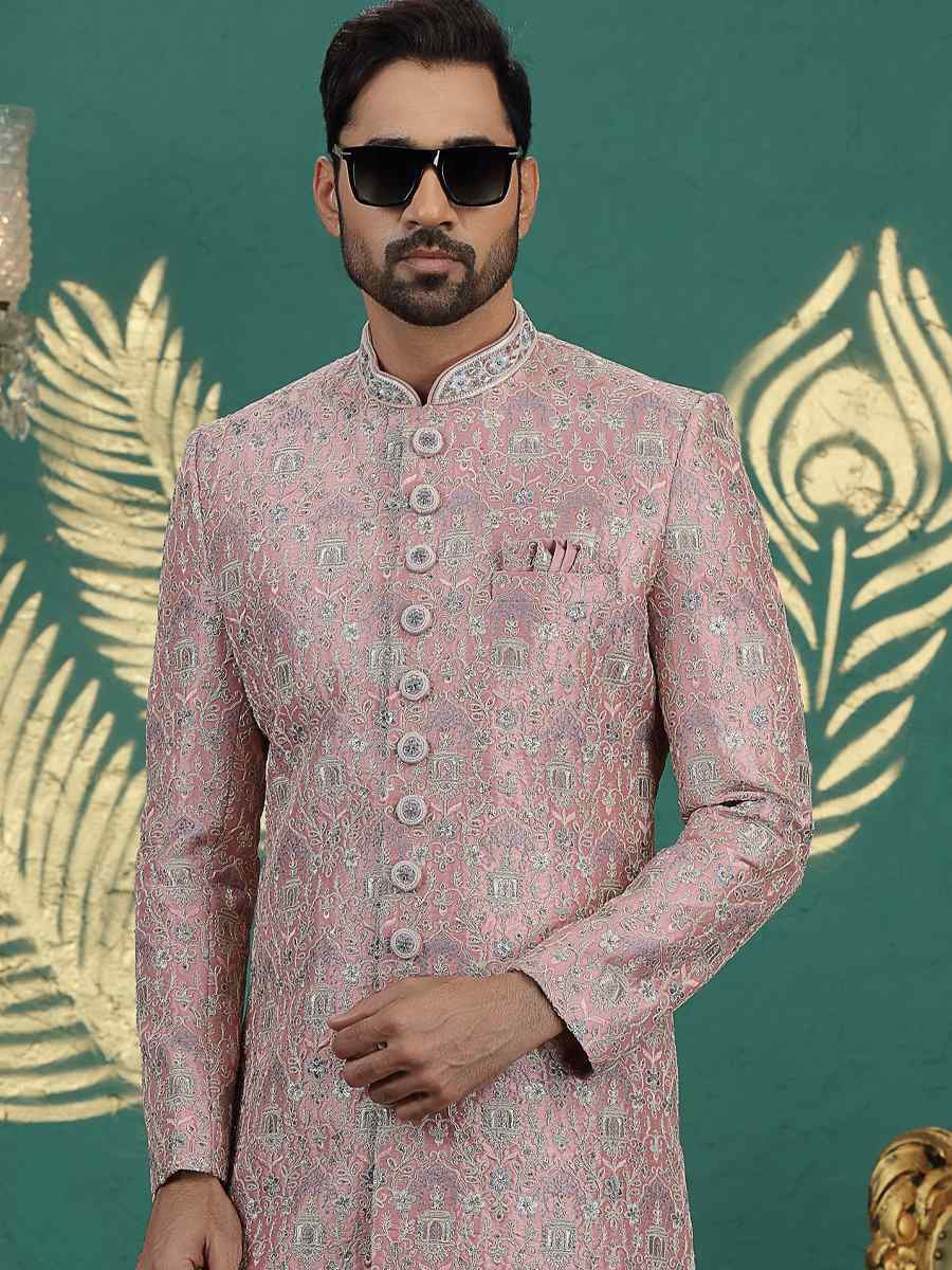 Onion Art Silk Embroidered Festival Wedding Mens Sherwani