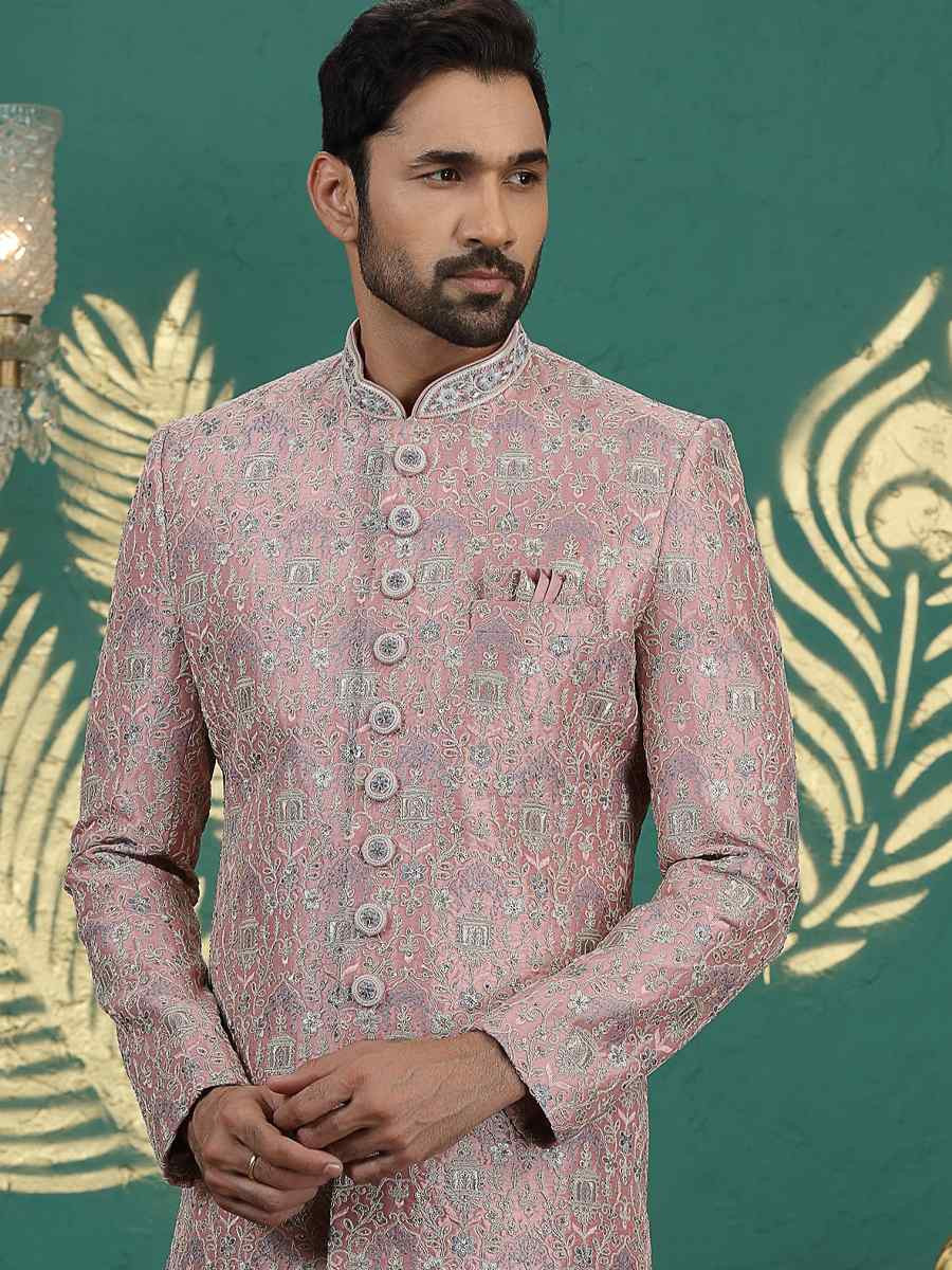 Onion Art Silk Embroidered Festival Wedding Mens Sherwani