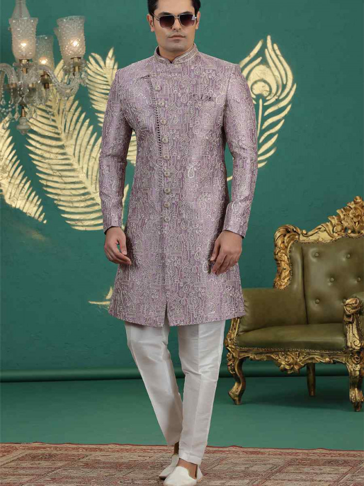 Image of Onion Art Silk Embroidered Festival Wedding Mens Sherwani