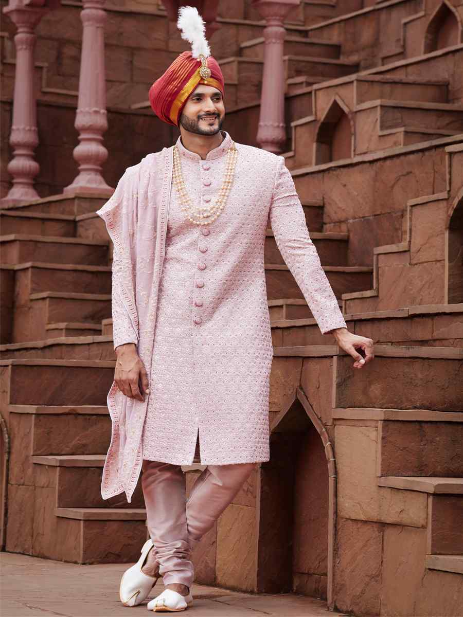 Onion Art Silk Embroidered Groom Wedding Sherwani