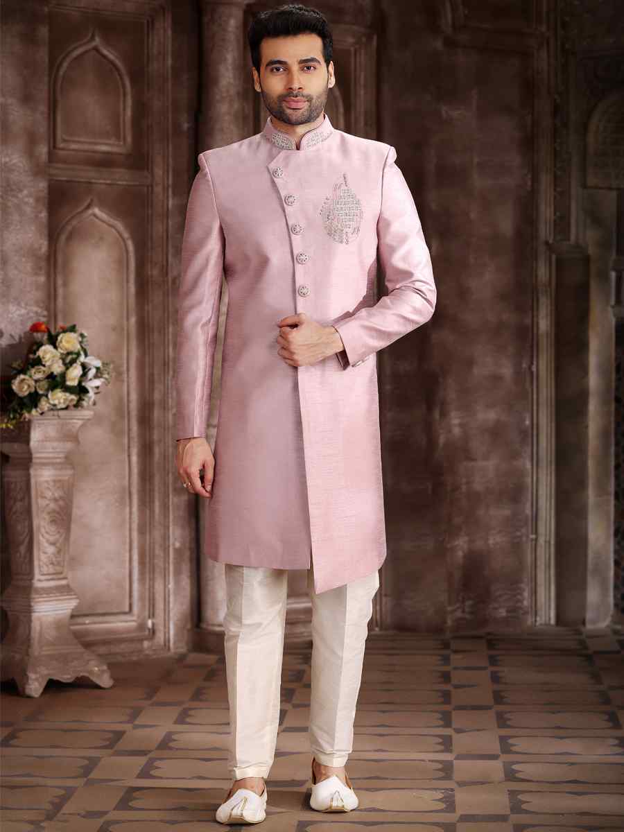 Onion Art Silk Embroidered Wedding Groom Sherwani