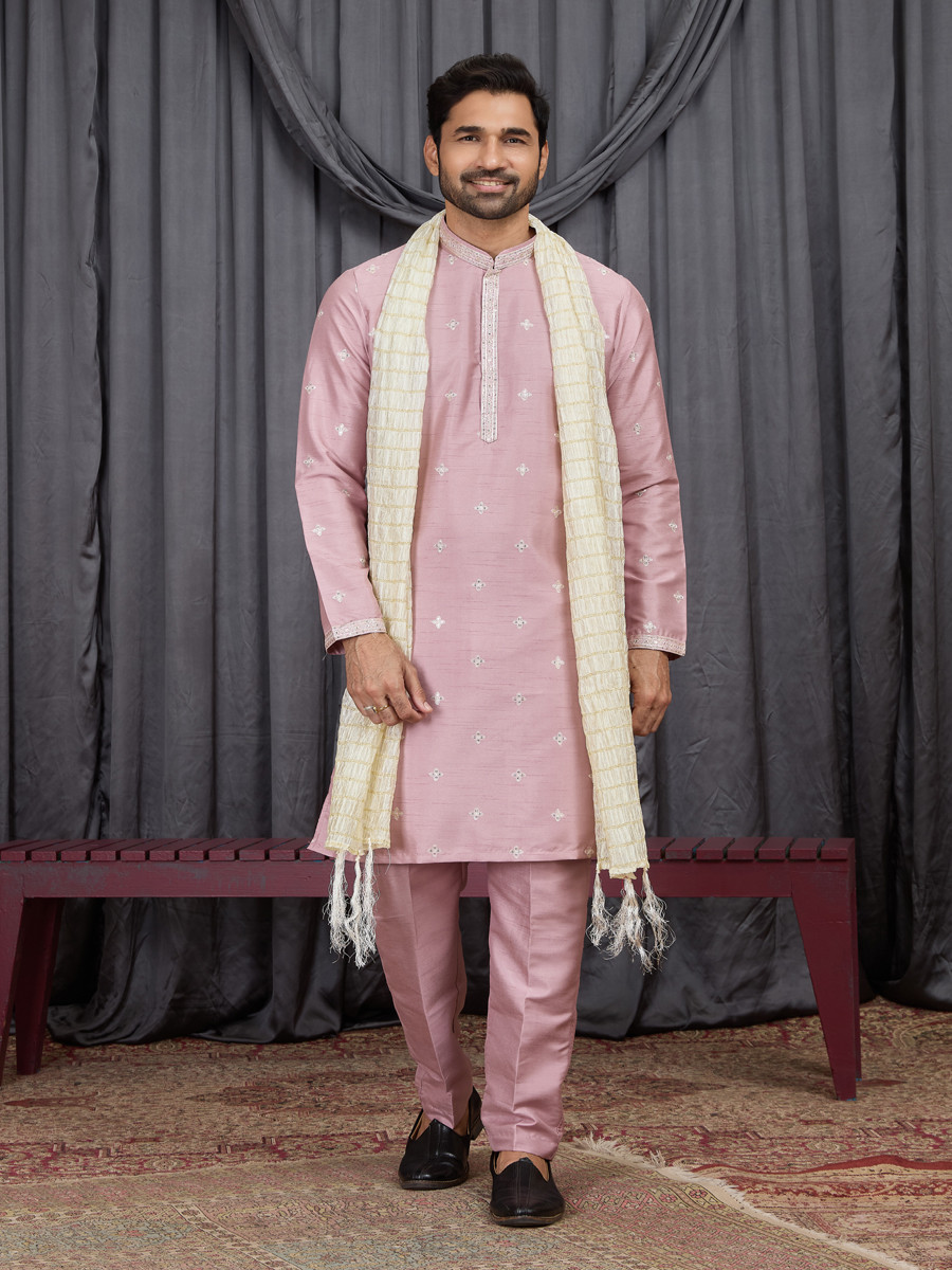 Onion Art Silk Embroidery Wedding Party Festival Ready Mens Kurta