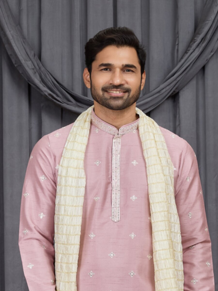 Onion Art Silk Embroidery Wedding Party Festival Ready Mens Kurta