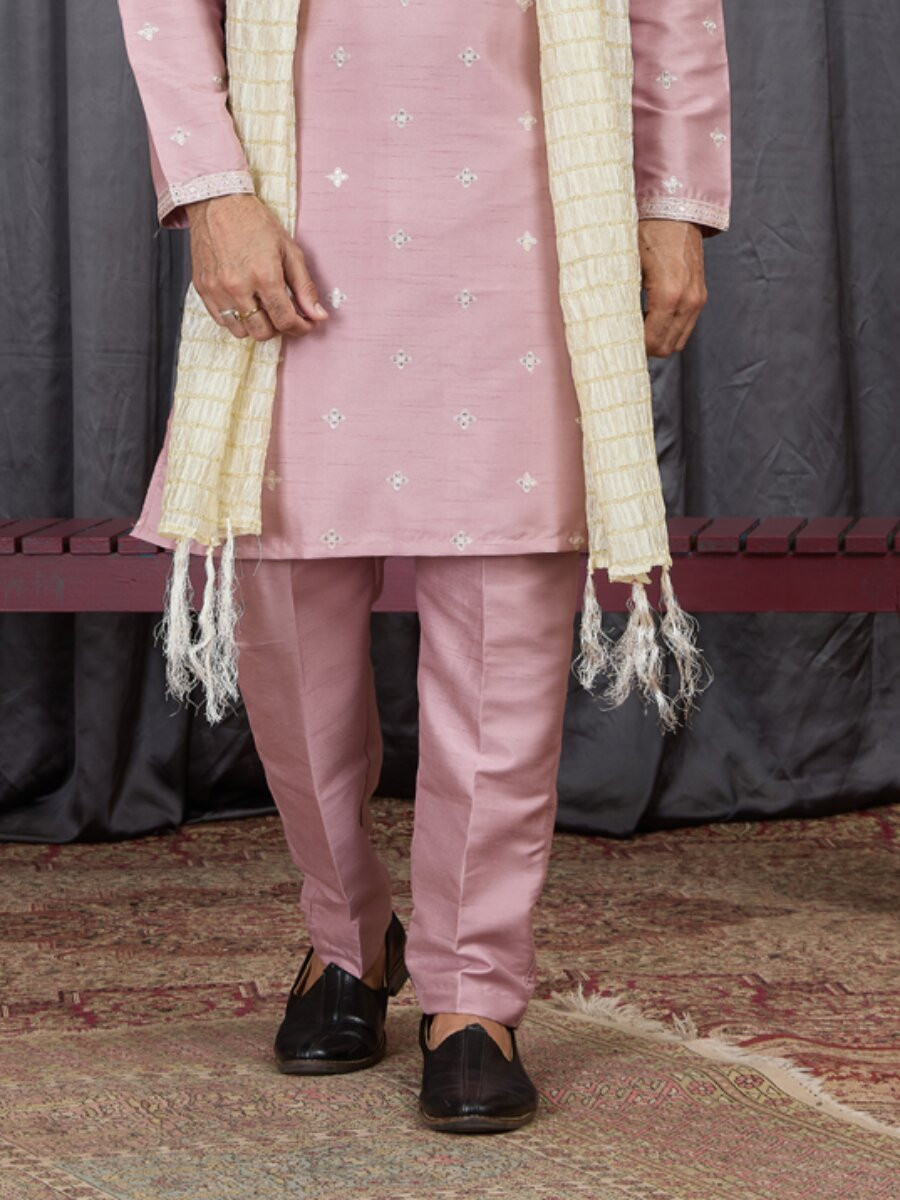 Onion Art Silk Embroidery Wedding Party Festival Ready Mens Kurta