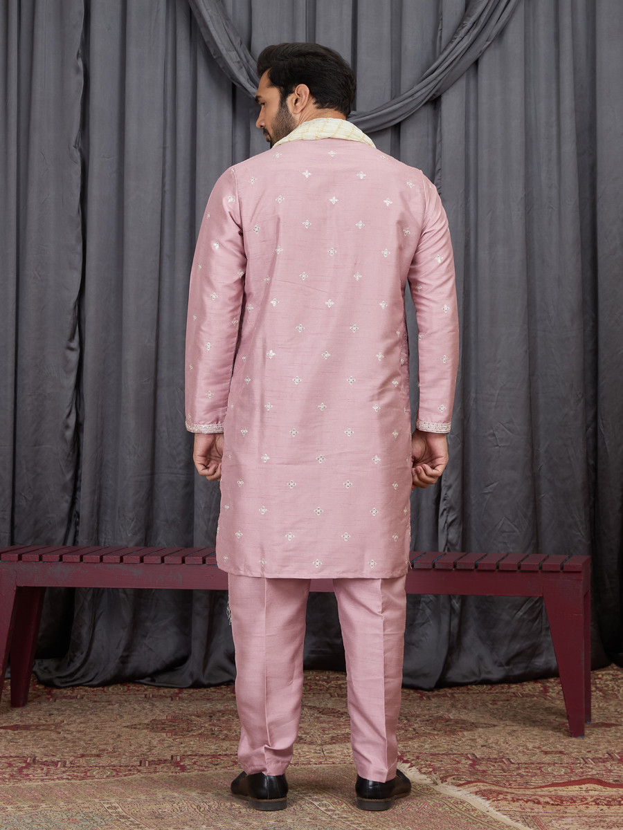Onion Art Silk Embroidery Wedding Party Festival Ready Mens Kurta