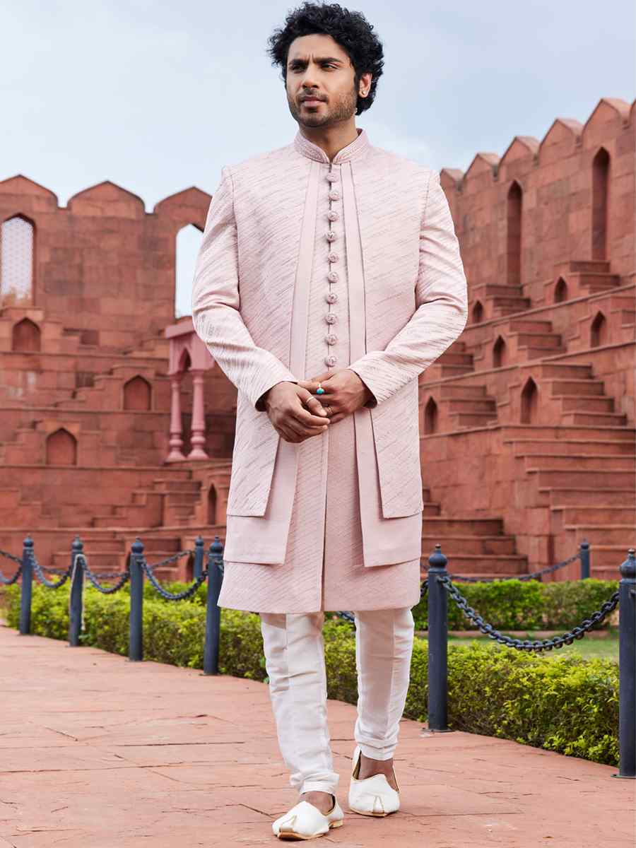 Onion Pink Art Silk Embroidered Wedding Party Sherwani