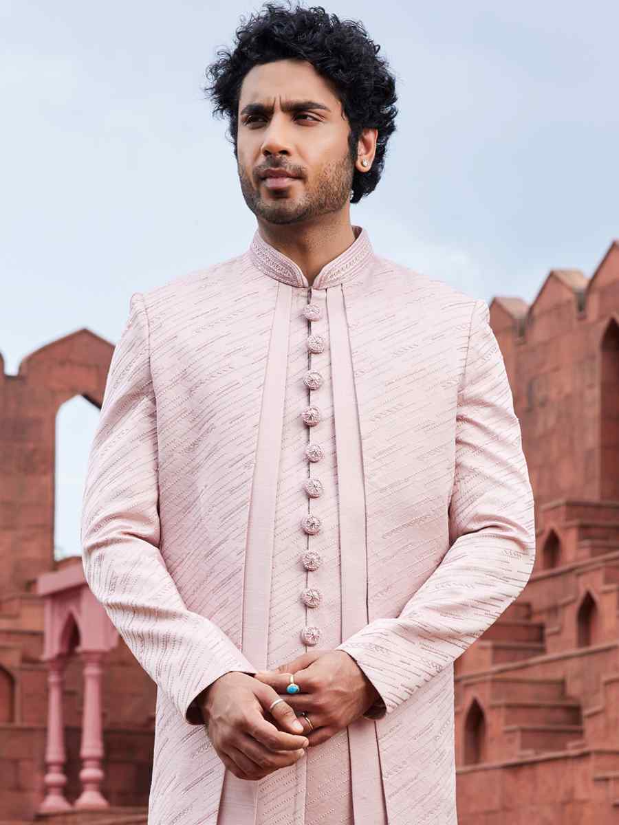 Onion Pink Art Silk Embroidered Wedding Party Sherwani