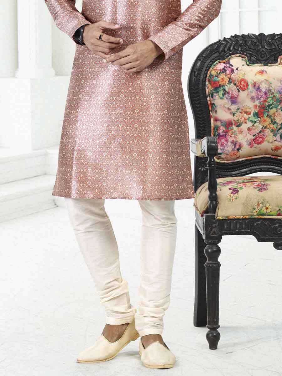 Onion Pink Banarasi Silk Printed Festival Wedding Kurta