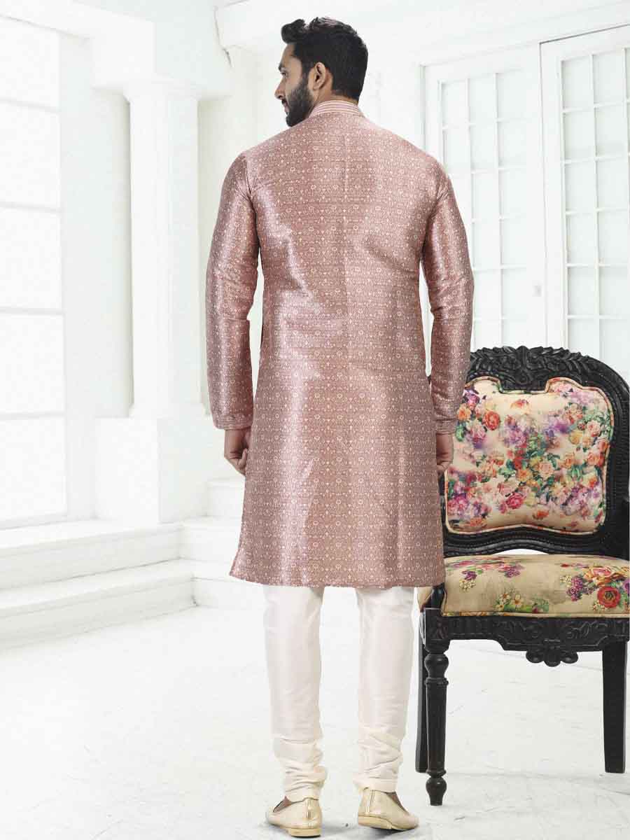 Onion Pink Banarasi Silk Printed Festival Wedding Kurta