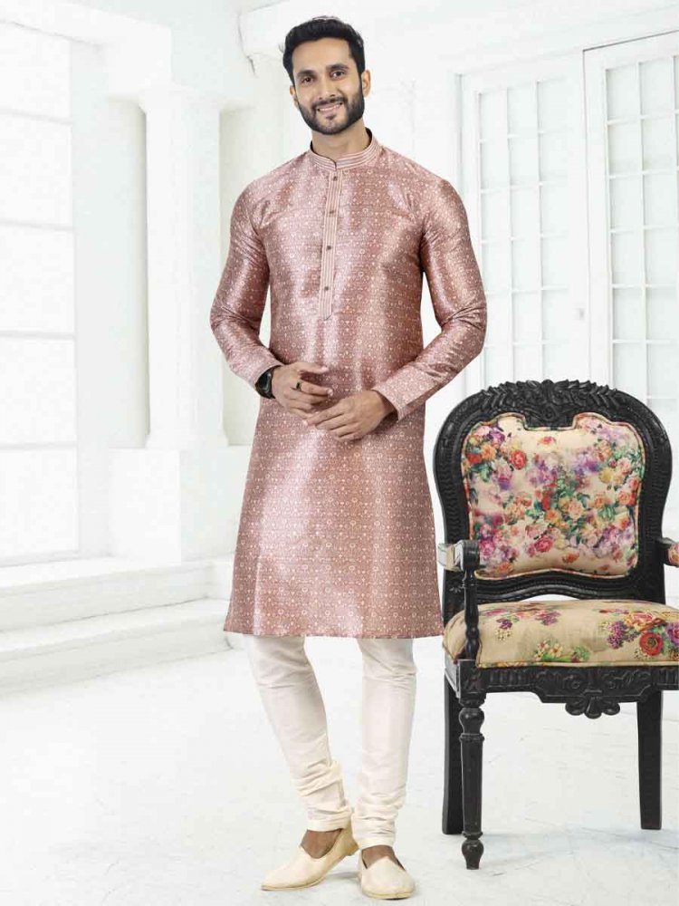 Onion Pink Banarasi Silk Printed Festival Wedding Kurta