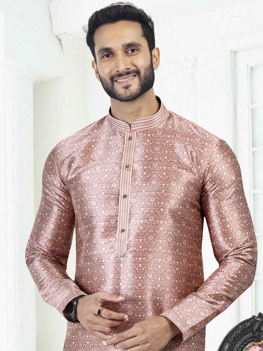 Onion Pink Banarasi Silk Printed Festival Wedding Kurta