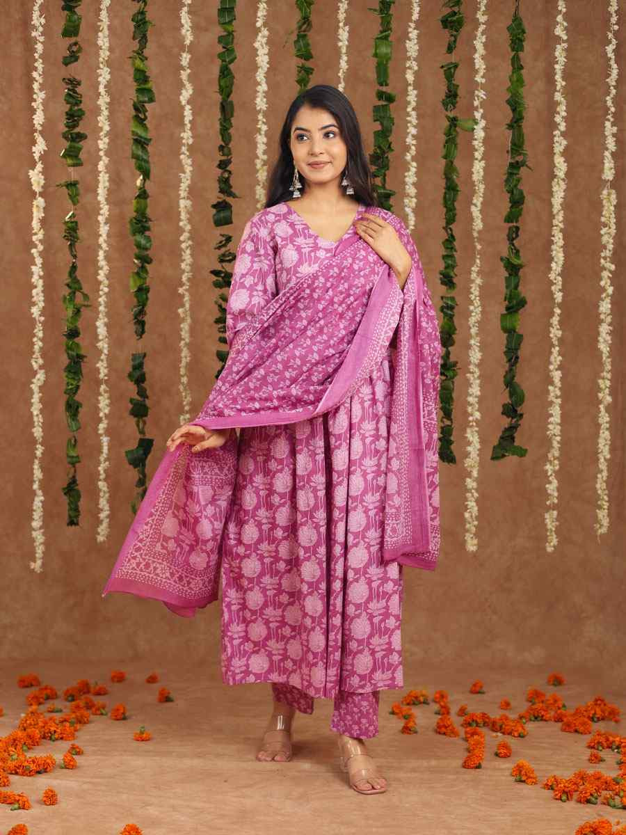 Onion Pink Cotton Printed Party Wedding Festival Casual Ready Anarkali Salwar Kameez
