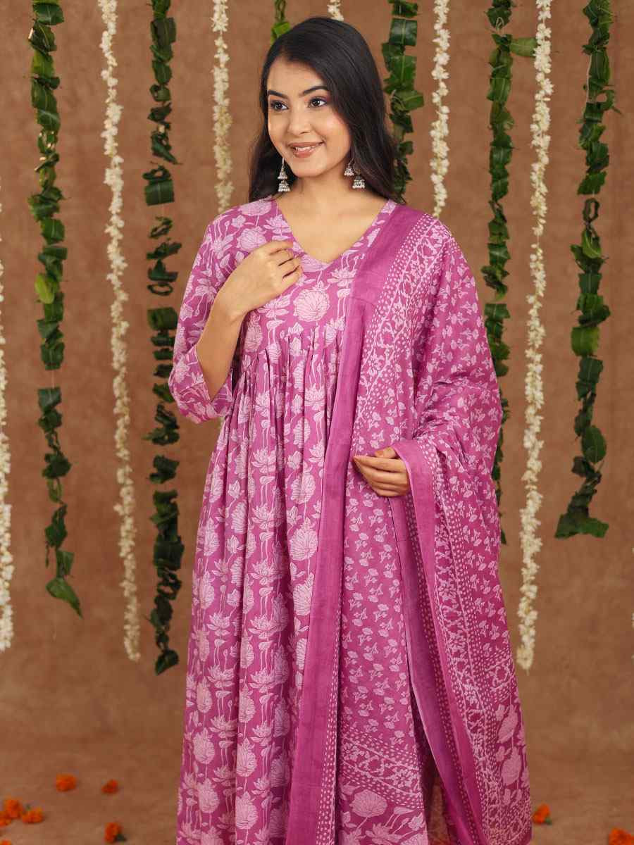 Onion Pink Cotton Printed Party Wedding Festival Casual Ready Anarkali Salwar Kameez