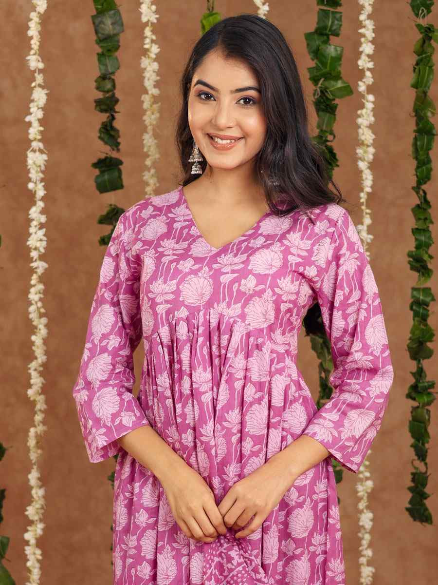 Onion Pink Cotton Printed Party Wedding Festival Casual Ready Anarkali Salwar Kameez