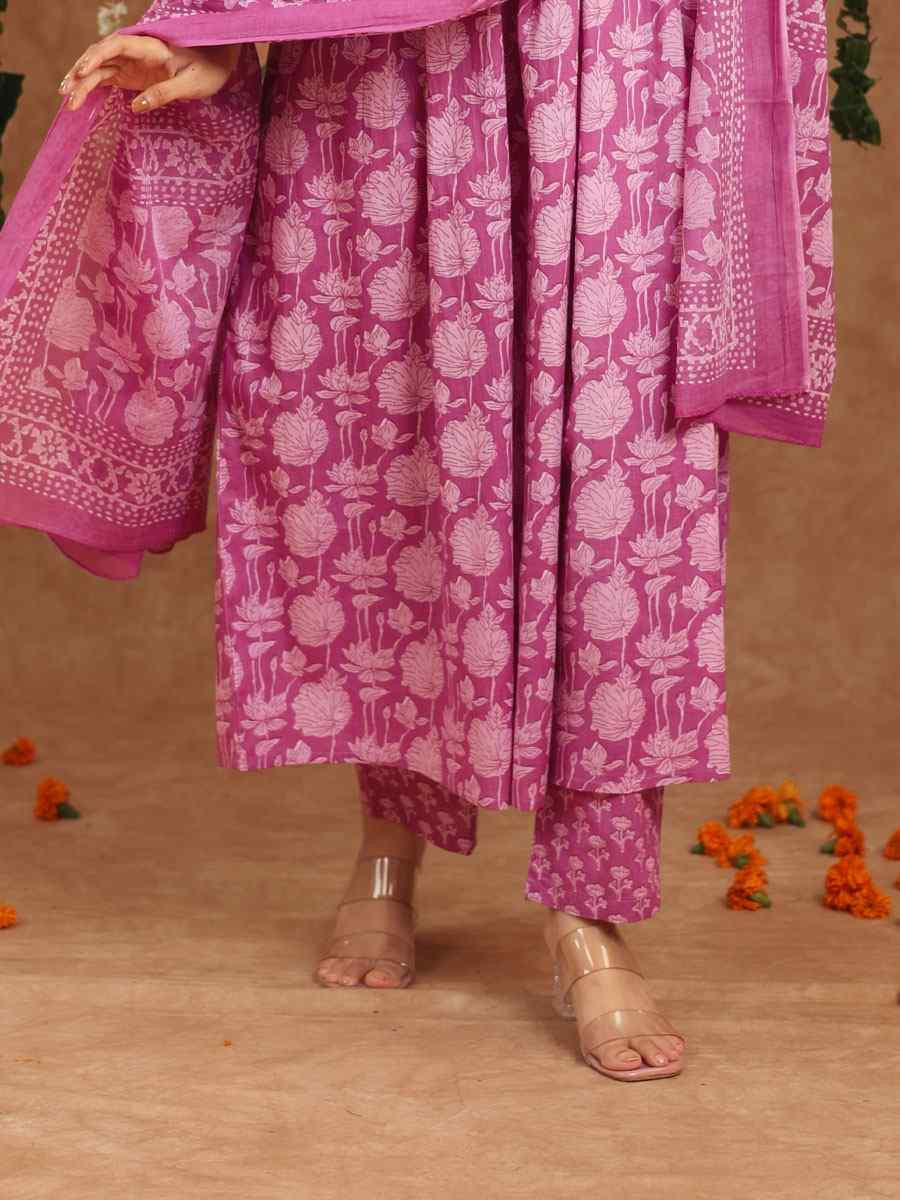 Onion Pink Cotton Printed Party Wedding Festival Casual Ready Anarkali Salwar Kameez