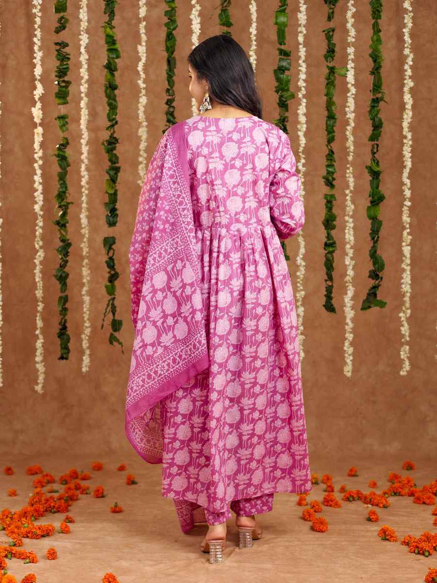 Onion Pink Cotton Printed Party Wedding Festival Casual Ready Anarkali Salwar Kameez