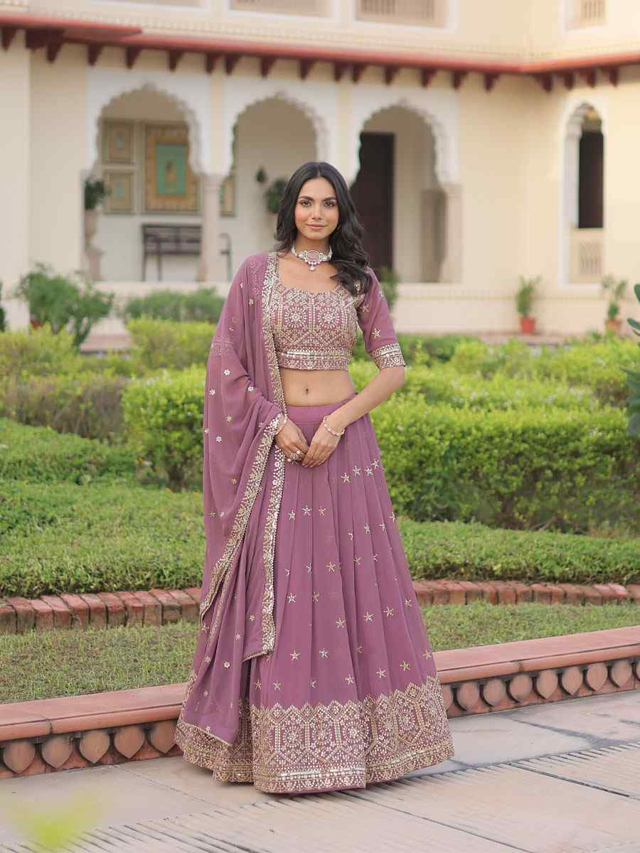 Onion Pink Faux Georgette Embroidered Wedding Reception Festival Heavy Border Lehenga Choli