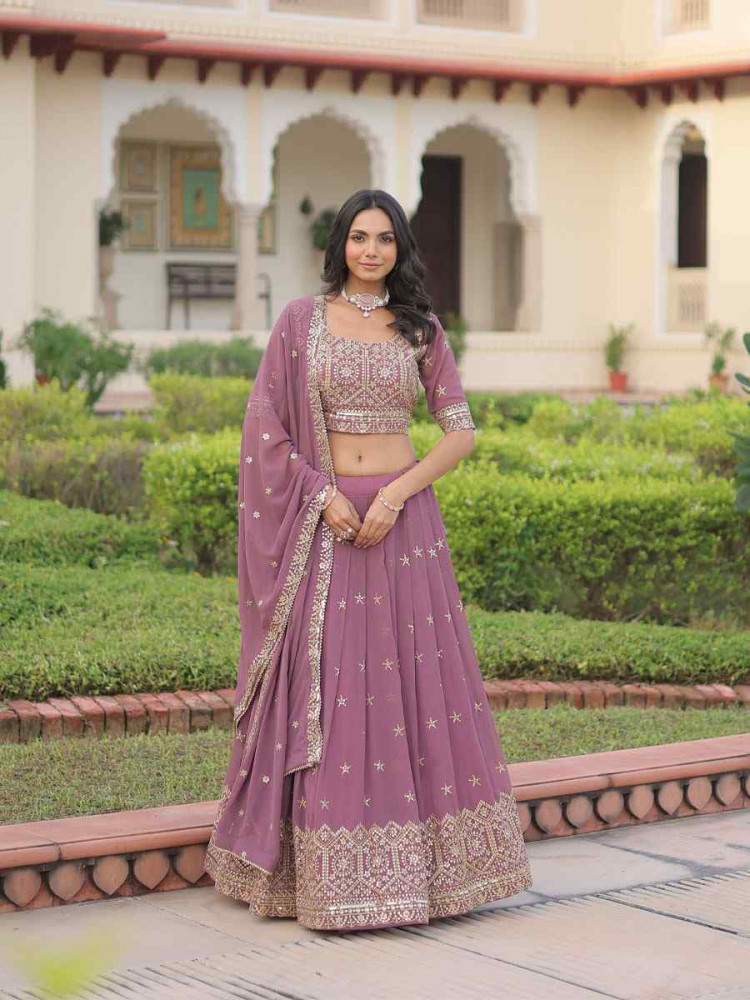 Image of Onion Pink Faux Georgette Embroidered Wedding Reception Festival Heavy Border Lehenga Choli