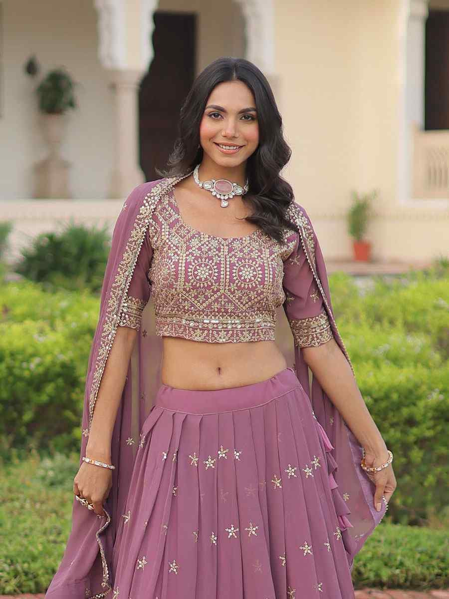 Onion Pink Faux Georgette Embroidered Wedding Reception Festival Heavy Border Lehenga Choli