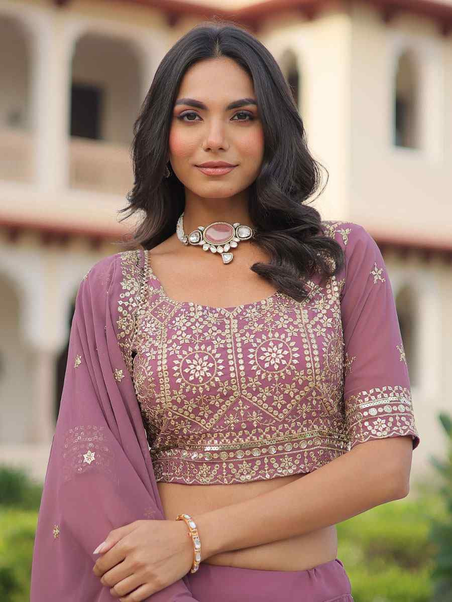 Onion Pink Faux Georgette Embroidered Wedding Reception Festival Heavy Border Lehenga Choli