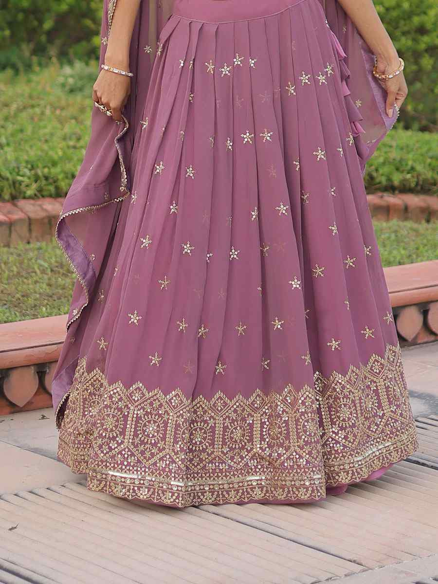 Onion Pink Faux Georgette Embroidered Wedding Reception Festival Heavy Border Lehenga Choli