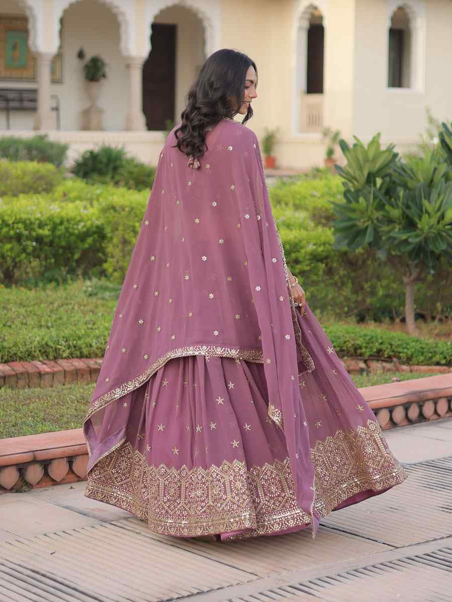Onion Pink Faux Georgette Embroidered Wedding Reception Festival Heavy Border Lehenga Choli