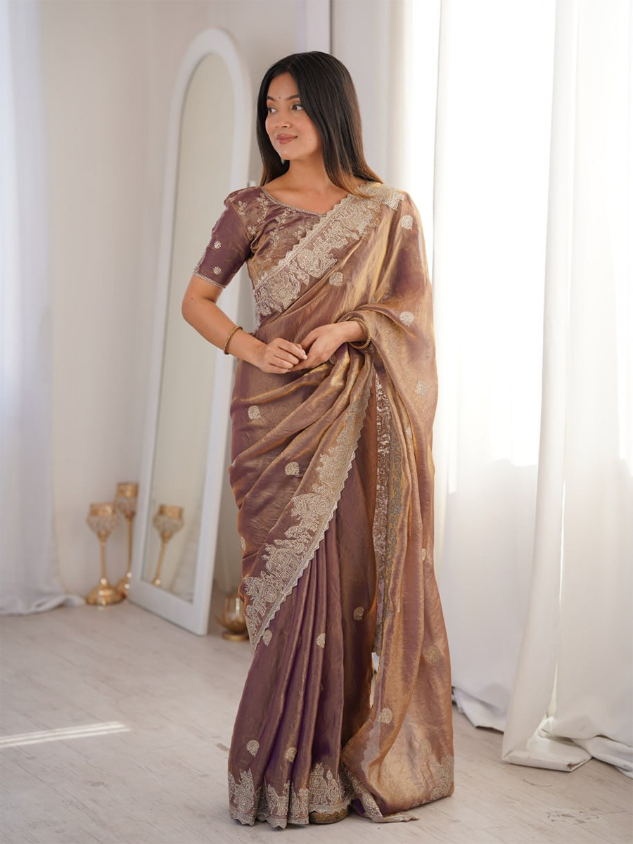 Onion Pink Fendy Crush Silk Embroidery Zari Wedding Festival Party Wear Heavy Border Sarees