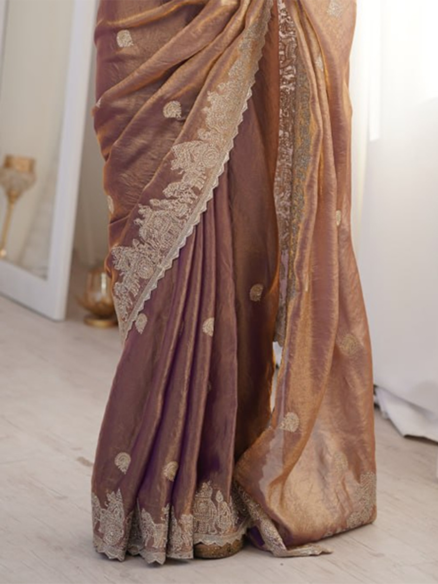 Onion Pink Fendy Crush Silk Embroidery Zari Wedding Festival Party Wear Heavy Border Sarees