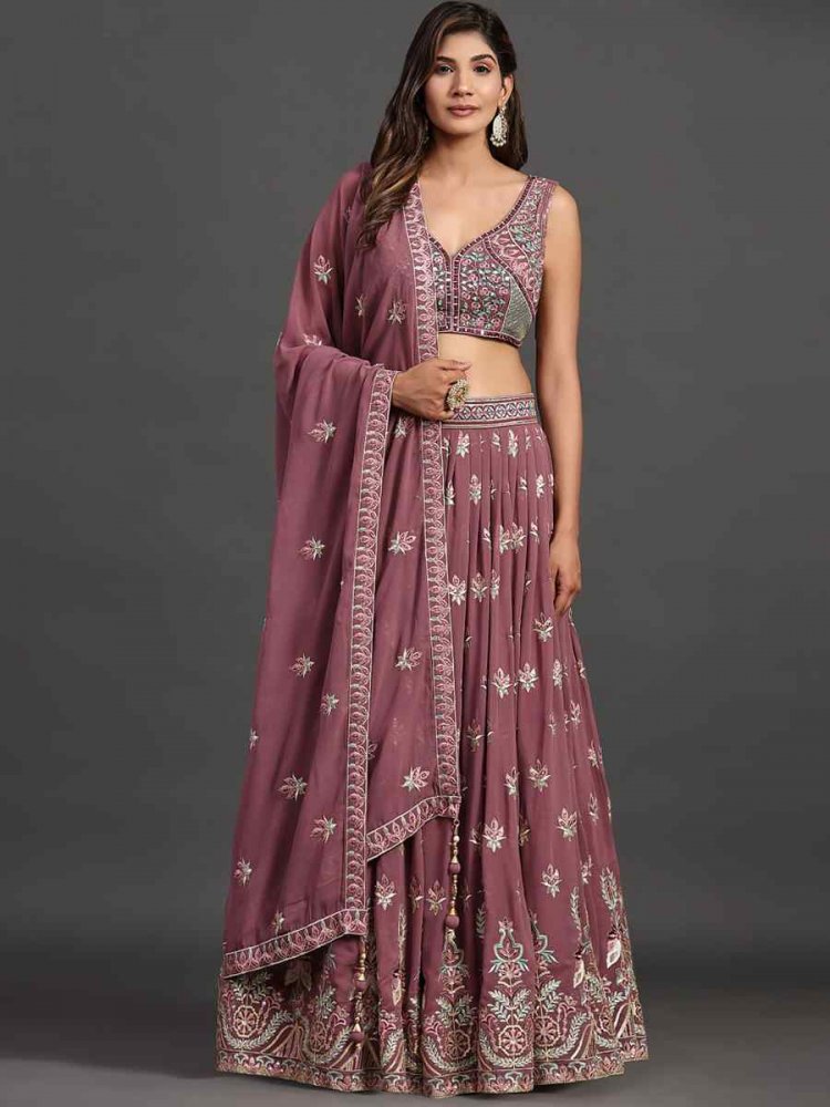 Onion Pink Georgette Embroidered Reception Ready Heavy Border Lehenga Choli