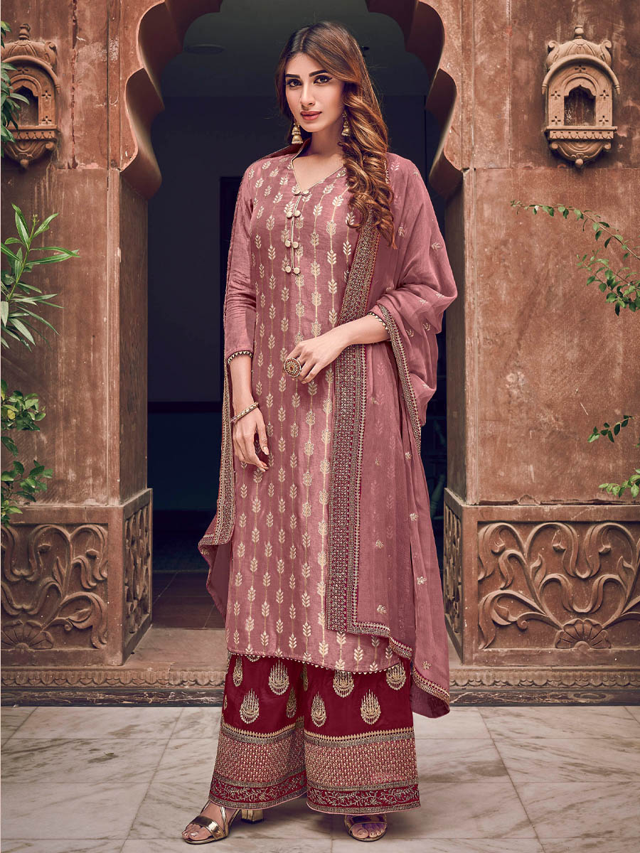 Onion Pink Pure Dola Jacquard Embroidered Wedding Festival Palazzo Pant Salwar Kameez